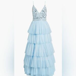Jump Apparel Elegant Beaded Bodice Ruffle Light Blue Tiered Tulle Dress Sz 15/16